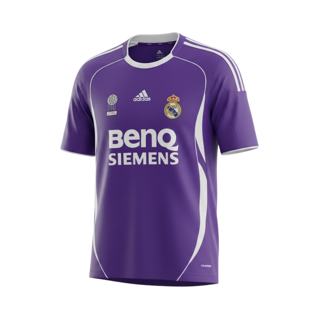 camiseta-retro-real-madrid-2006-07-segunda-equipacion-01 Camiseta retro Real Madrid 2006/07 segunda equipación morada — vista frontal en maniquí