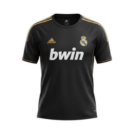 Camiseta retro Real Madrid 2011/12 segunda equipación negra y dorada — vista frontal en maniquí