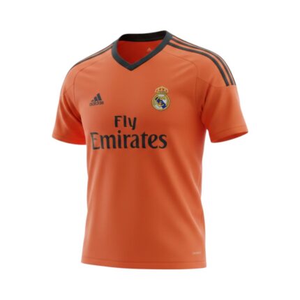 Camiseta retro Real Madrid 2013/14 tercera equipación naranja — vista frontal en maniquí