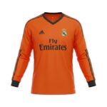 Camiseta Real Madrid 2013/14 Tercera Equipación Naranja Manga Larga — vista frontal en maniquí
