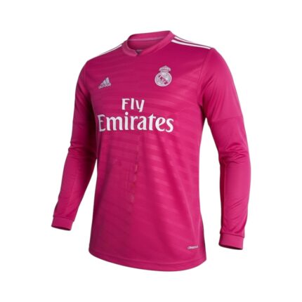Camiseta retro Real Madrid 2014/15, segunda equipación fucsia de manga larga. — vista frontal en maniquí