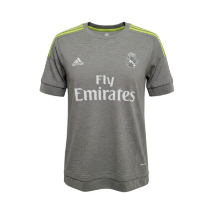 Camiseta retro Real Madrid 2015/16 segunda equipación gris — vista frontal en maniquí