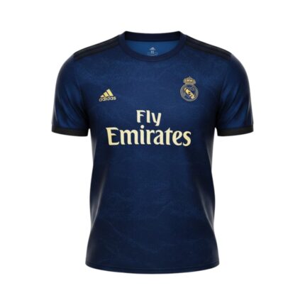 Camiseta retro Real Madrid 2019/20 segunda equipación azul marino y dorado — vista frontal en maniquí