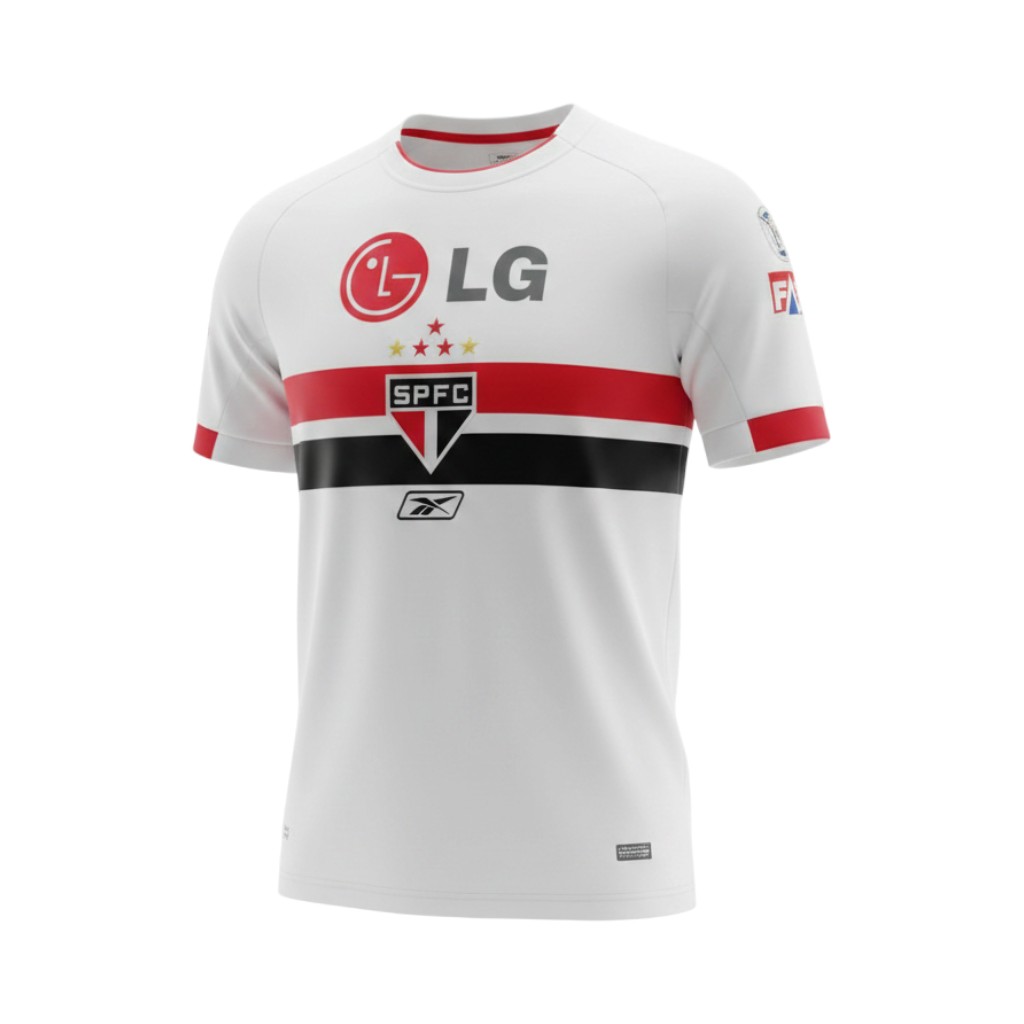 camiseta-retro-sao-paulo-2007-08-primera-equipacion-01 Camiseta retro São Paulo FC 2007/08, primera equipación blanca con franjas rojas y negras. — vista frontal en maniquí