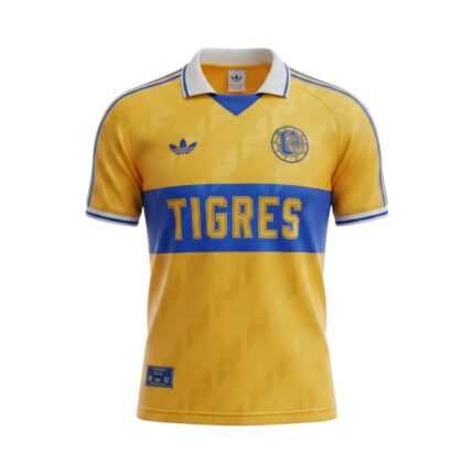 Camiseta retro Tigres UANL 1991-1992 primera equipación amarilla y azul — vista frontal en maniquí
