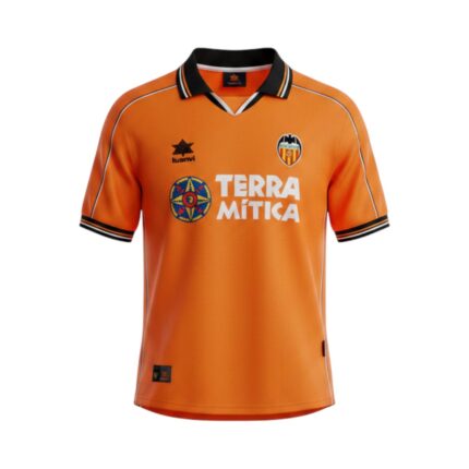 Camiseta retro Valencia CF 1999/00 segunda equipación naranja Luanvi Terra Mítica — vista frontal en maniquí