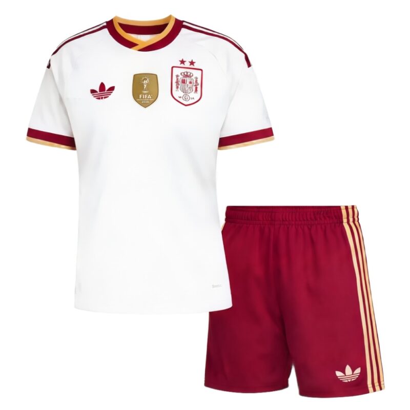 Kit completo de la segunda equipación de niño de la Selección Española 2026 con las dos estrellas de campeón del mundo.