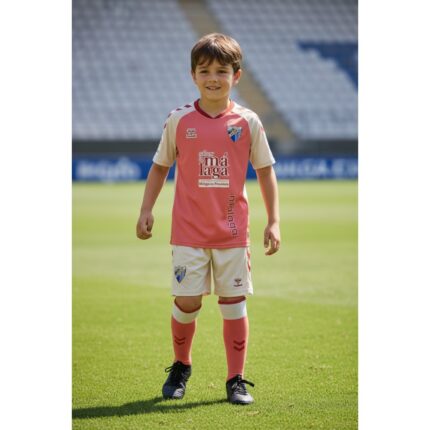 Segunda equipación de fútbol del Málaga CF para niños de la temporada 2026/27. Camiseta y pantalón del uniforme visitante.