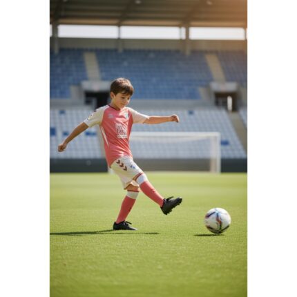 Segunda equipación de fútbol del Málaga CF para niños de la temporada 2026/27. Camiseta y pantalón del uniforme visitante.