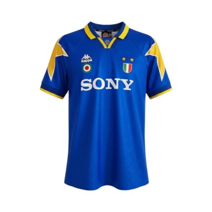 Camiseta retro Juventus 1995/96 segunda equipación azul con detalles amarillos — vista frontal en maniquí