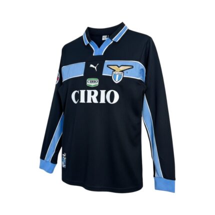 Camiseta retro Lazio 1998/99 segunda equipación manga larga negra y celeste — vista frontal en maniquí