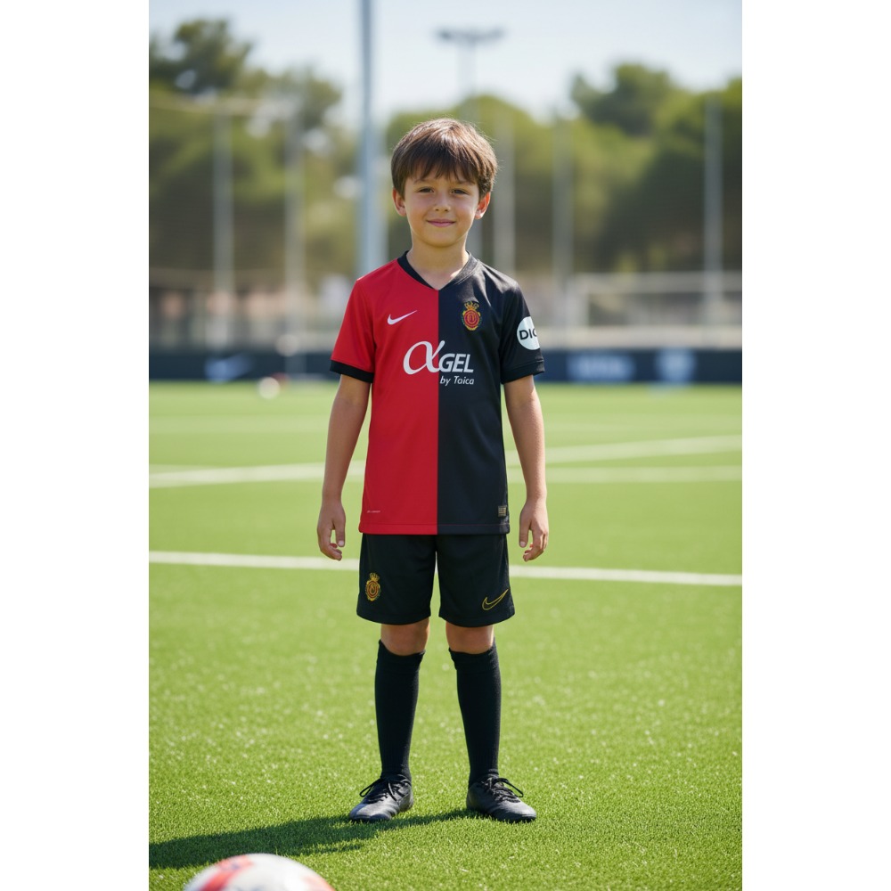 Equipación Mallorca Niños 2026-2027 Primera equipación oficial del RCD Mallorca para niños, temporada 2026-2027. Kit completo de camiseta y pantalón rojo y negro.