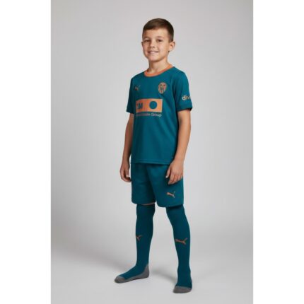Camiseta de la 2ª equipación del Valencia CF para niños, temporada 26/27. Vista frontal de la equipación de fútbol infantil.