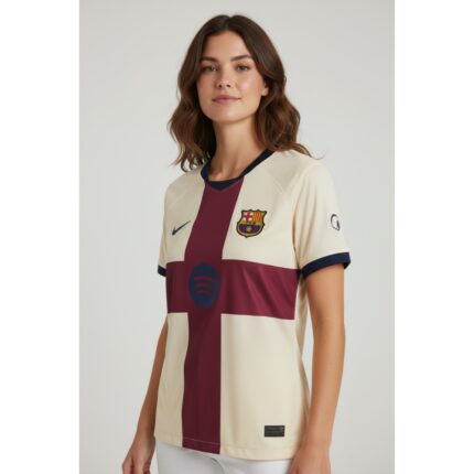 Camiseta de mujer del FC Barcelona, cuarta equipación con la Cruz de Sant Jordi, temporada 2026/27. Vista frontal del diseño.