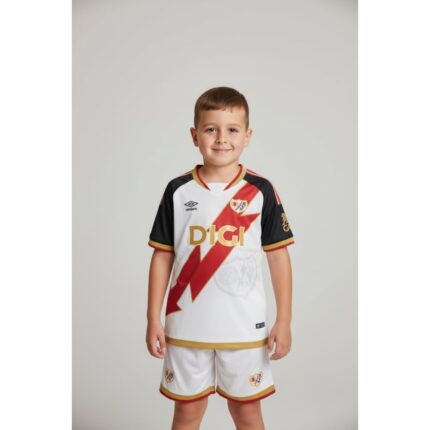 Primera equipación de fútbol del Rayo Vallecano para niños temporada 26-27. Camiseta y pantalón con la franja roja.