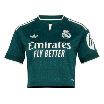 Top corto para mujer del Real Madrid, tercera equipación 26/27 en color verde. Diseño femenino y moderno.