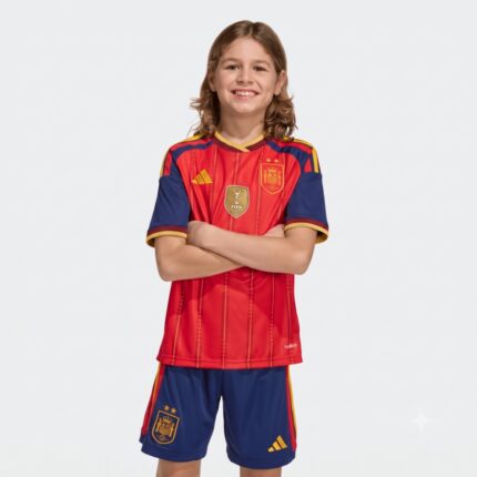 Conjunto de la primera equipación de España 2026 para niño. Camiseta y pantalón con las 2 estrellas de campeón del mundo.