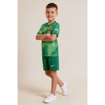 Equipación completa de portero del FC Barcelona para niños, temporada 26/27. Uniforme oficial de fútbol para los más pequeños.